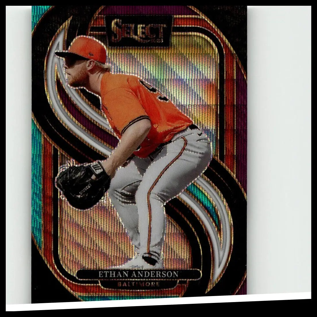 Orange and gray 2025 panini select #133 ethan anderson baseball trading card with holographic swirl background in action pose