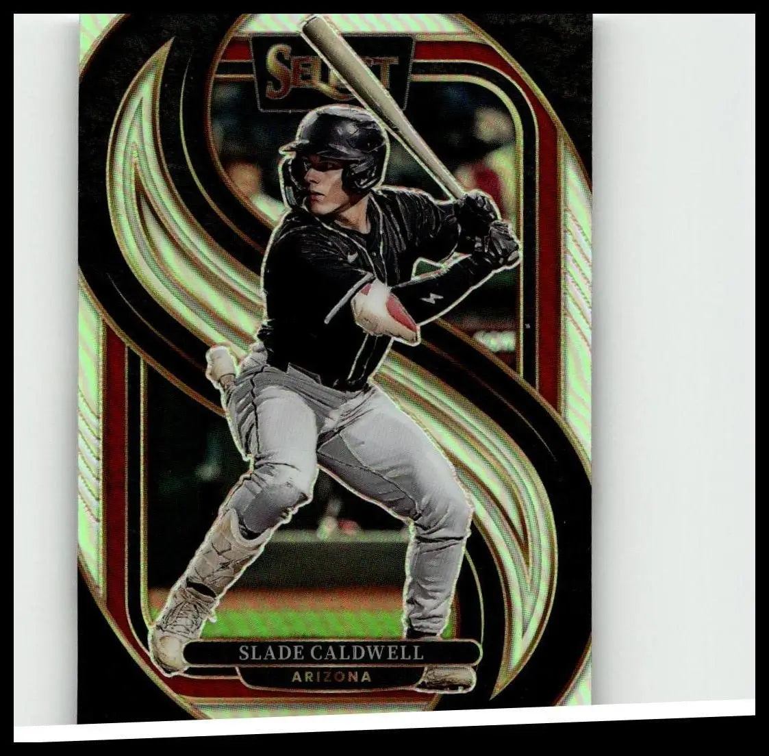 Black and silver 2025 panini select baseball trading card of slade caldwell silver prizms with gold red holographic swirls