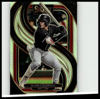 Black and silver 2025 panini select baseball trading card of slade caldwell silver prizms with gold red holographic swirls