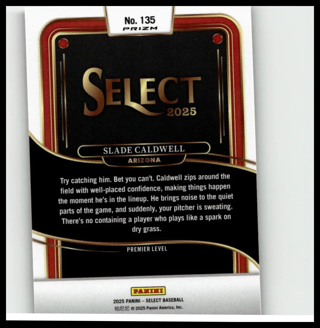 Black and gold 2025 panini select silver prizms baseball card featuring slade caldwell of arizona
