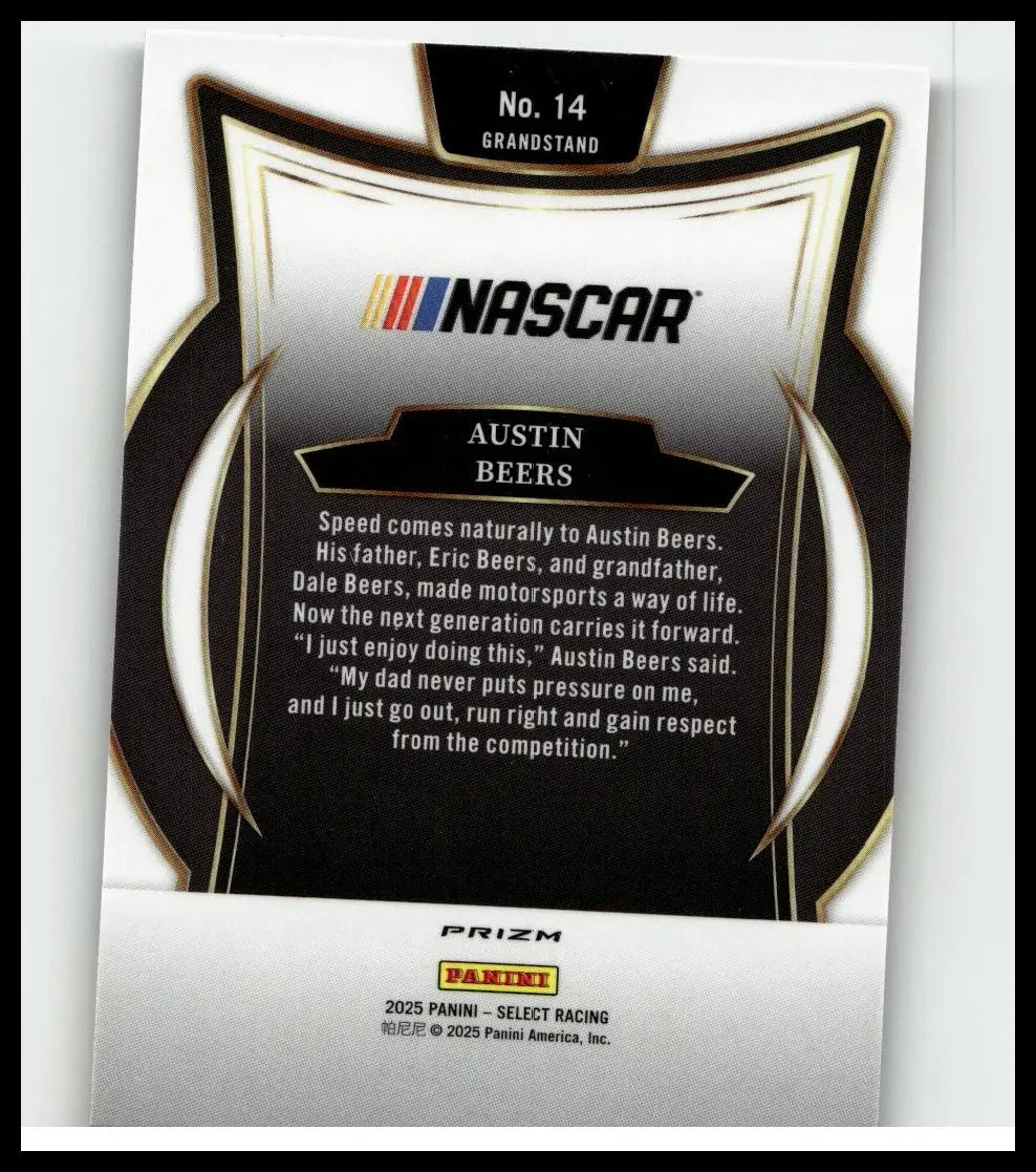 Black and silver panini select 2025 nascar trading card of austin beers with gold foil accents and glossy finish
