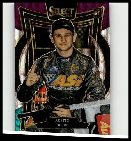 Black and gold 2025 panini select tri-color prizms nascar rookie card featuring austin beers in racing suit with asi and ford logos