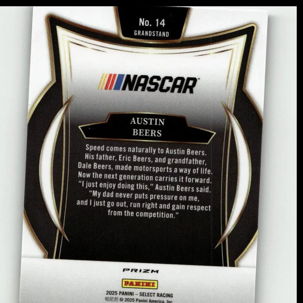 Black and silver Panini Select 2025 Austin Beers trading card with gold accents and shield-shaped tri-color design