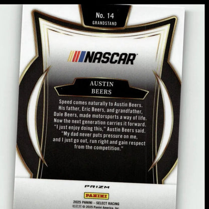 Black and silver Panini Select 2025 Austin Beers trading card with gold accents and shield-shaped tri-color design