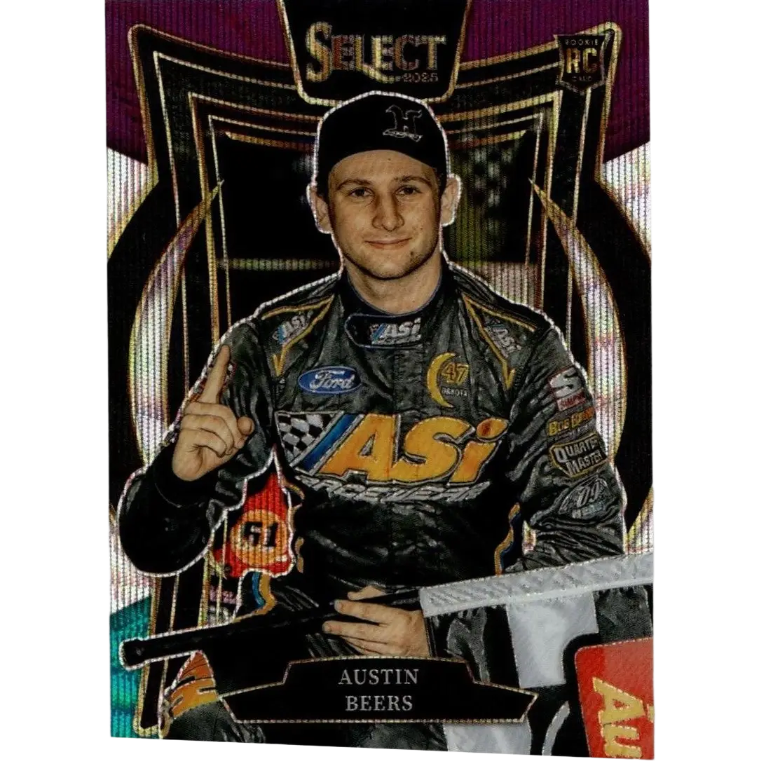 Black racing suit with gold and silver accents featuring asi branding in 2025 panini select austin beers action figure