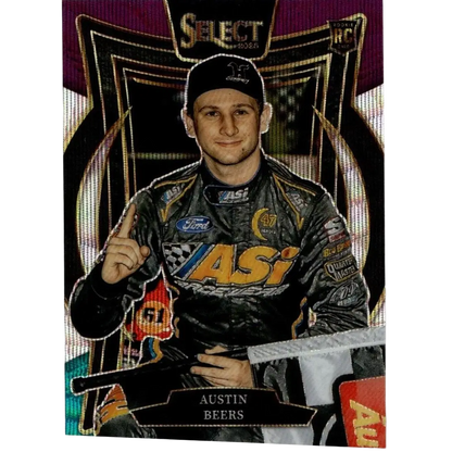 Black racing suit with gold and silver accents featuring asi branding in 2025 panini select austin beers action figure