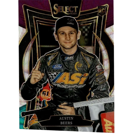 Black racing suit with gold and silver accents featuring asi branding in 2025 panini select austin beers action figure