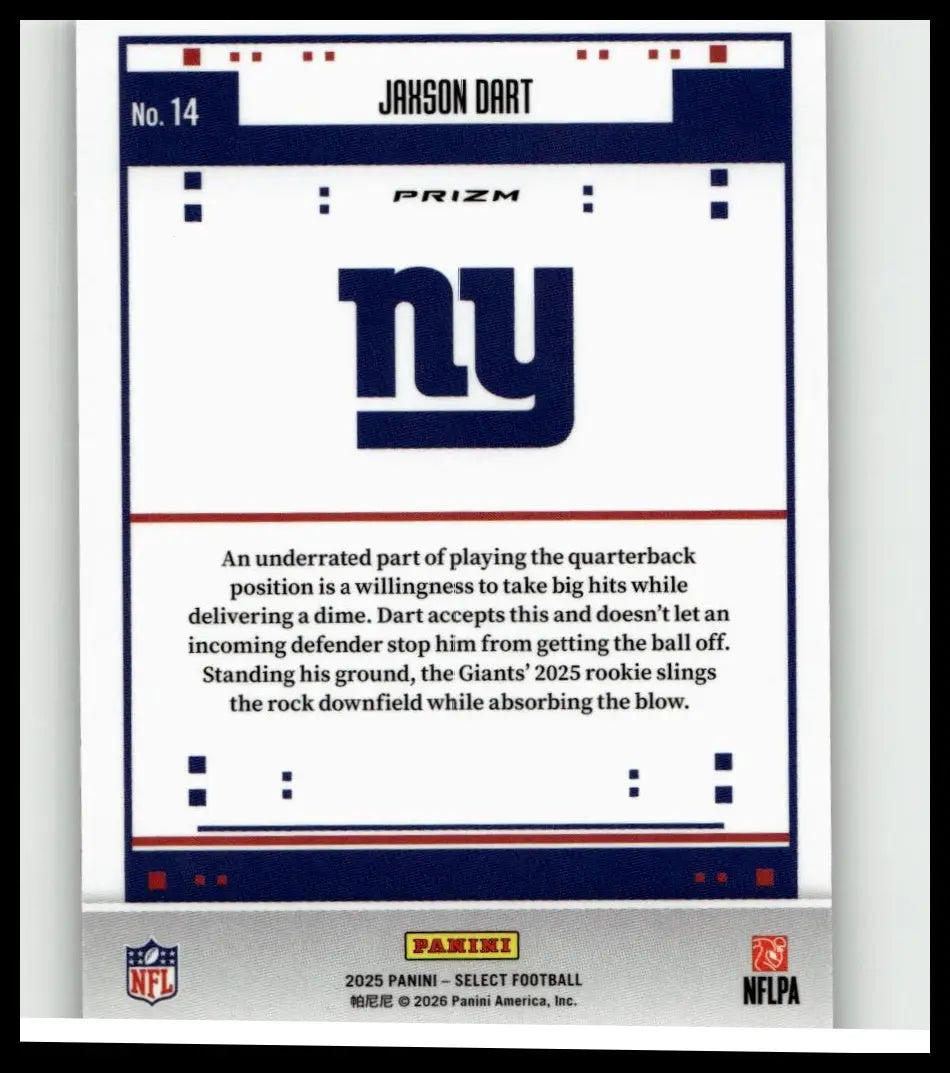 Blue and white ny giants football trading card featuring jaxson dart from 2025 panini select dart score select series