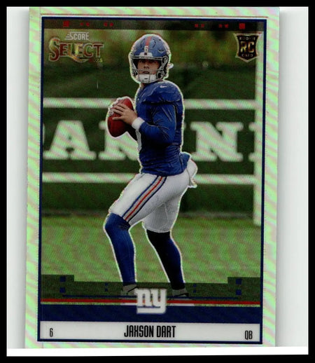 This 2025 panini select 14 jaxson dart score select throwback card features a shimmering green and silver holographic design in new york giants uniform