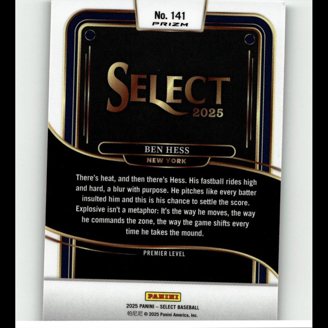 Black and gold baseball trading card featuring ben hess of the new york team, part of the 2025 panini select series.