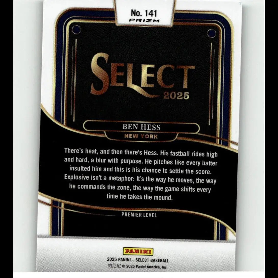 Black and gold baseball trading card featuring ben hess of the new york team, part of the 2025 panini select series.