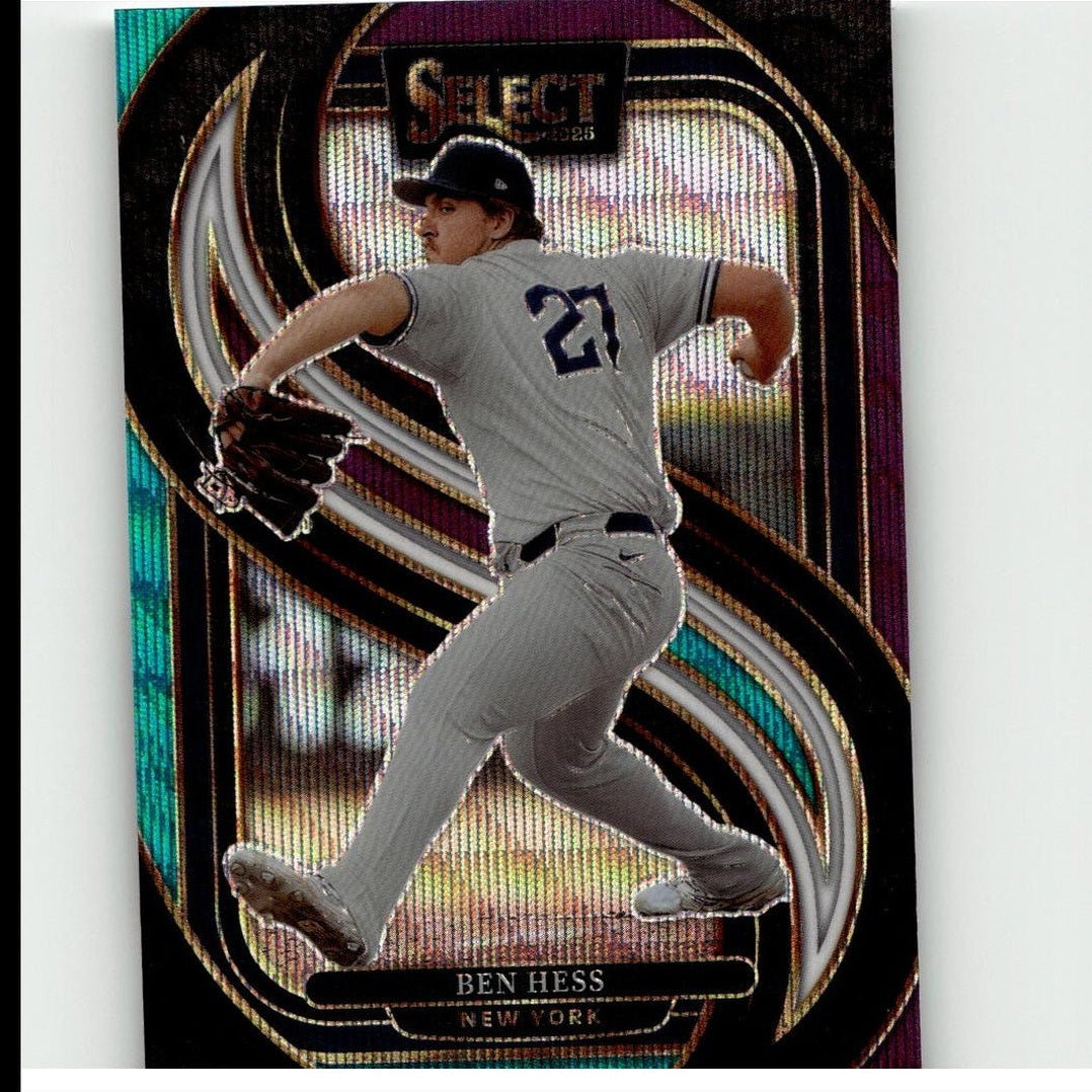 A glossy, iridescent baseball trading card featuring a gray uniformed pitcher with the number 27 on his back.