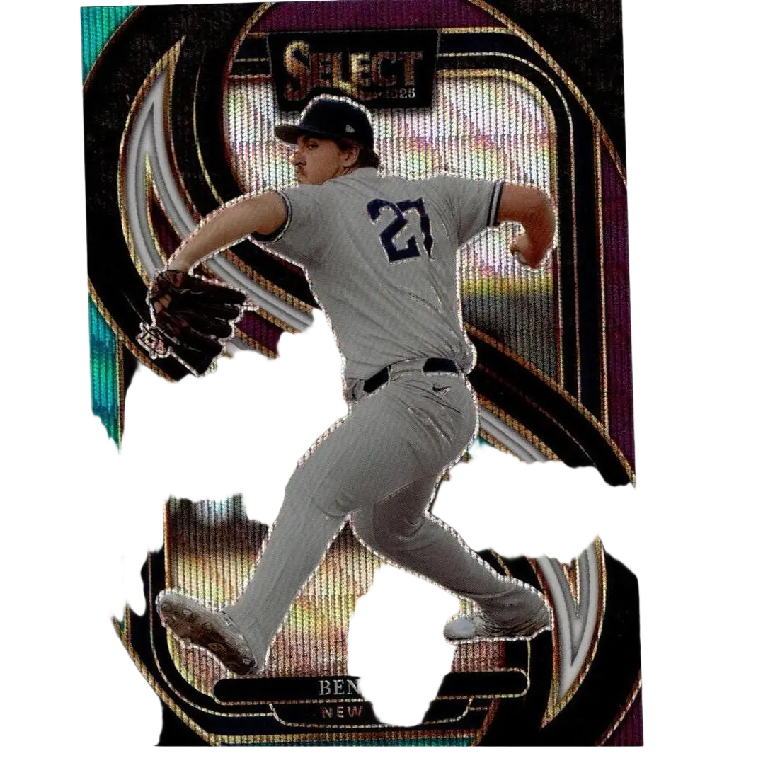 A glossy, iridescent baseball trading card featuring a gray uniformed pitcher with the number 27 on his back.
