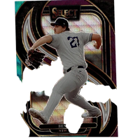 A glossy, iridescent baseball trading card featuring a gray uniformed pitcher with the number 27 on his back.