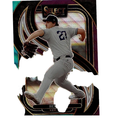 A glossy, iridescent baseball trading card featuring a gray uniformed pitcher with the number 27 on his back.