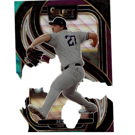 A glossy, iridescent baseball trading card featuring a gray uniformed pitcher with the number 27 on his back.