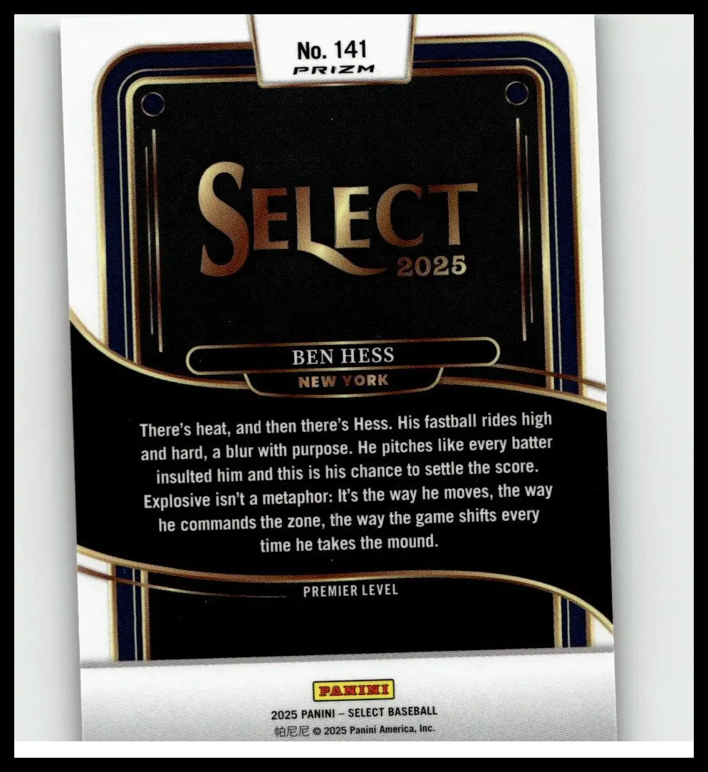 Black and gold panini select 2025 baseball trading card of ben hess featuring sleek metallic design and tri-color prizms