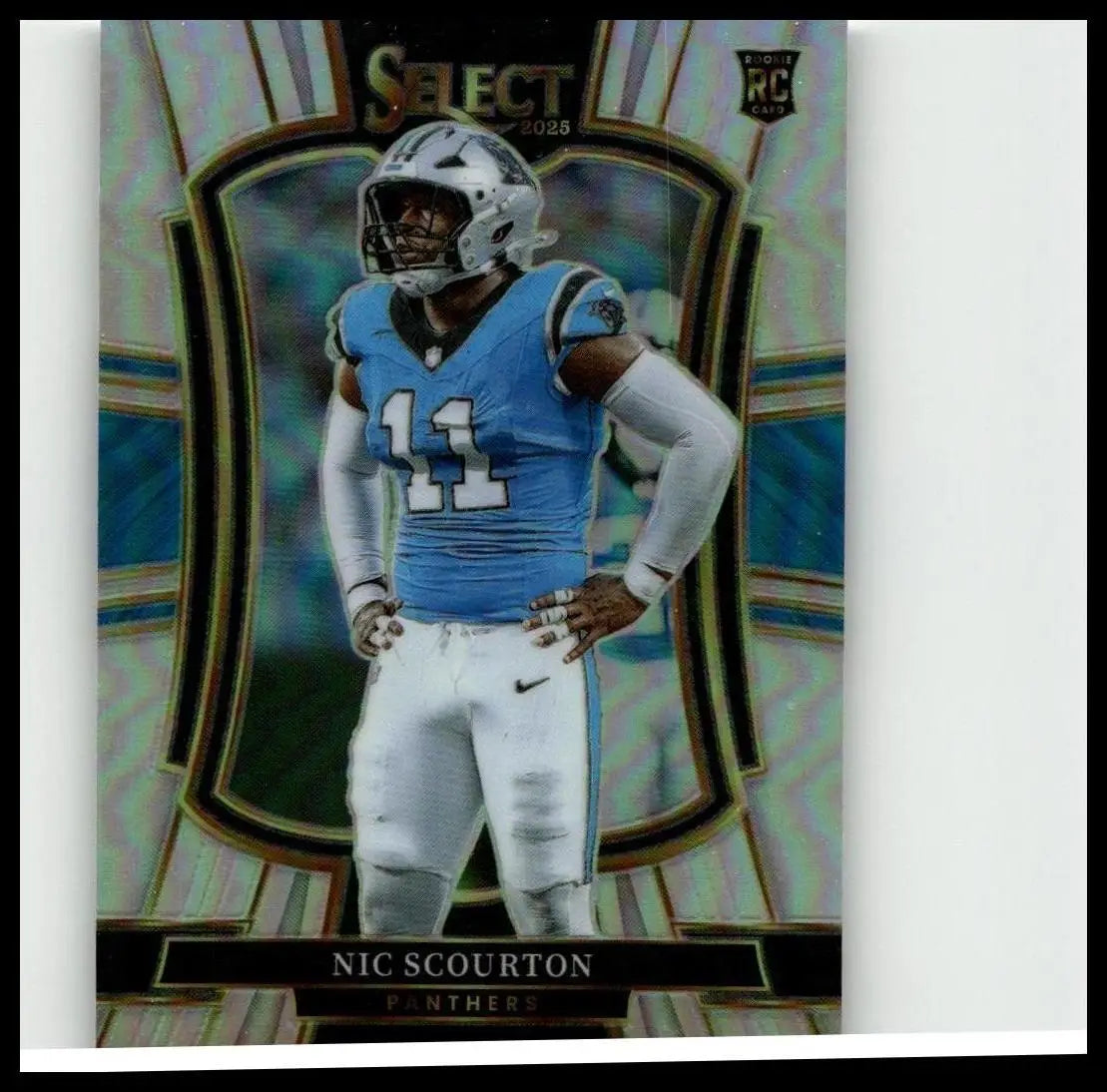 Blue and white carolina panthers football jersey number 11 with nike logo featuring nic scourton silver prizm details