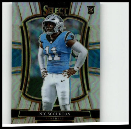 Blue and white carolina panthers football jersey number 11 with nike logo featuring nic scourton silver prizm details