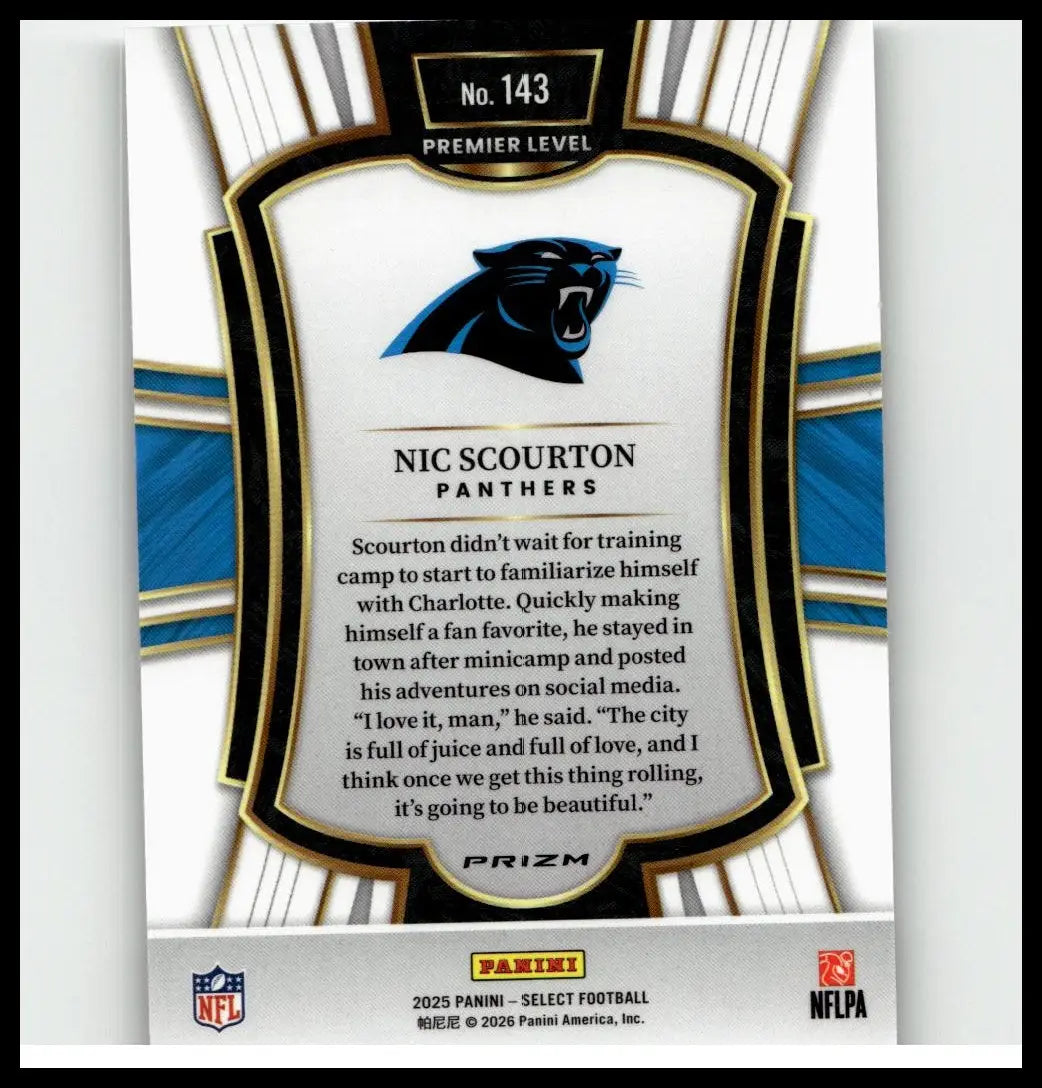 2025 panini select #143 nic scourton silver prizm nfl trading card white and blue with carolina panthers logo and gold trim