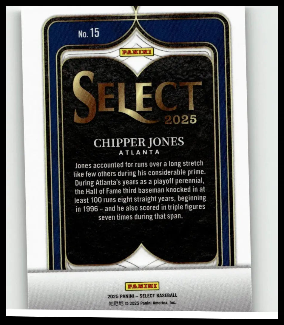 2025 panini select baseball card featuring chipper jones with gold lettering blue and silver borders chipper jones select numbers