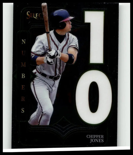 Black 2025 panini select chipper jones trading card featuring jones select numbers with gray uniform and bat