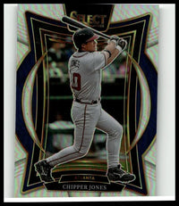 2025 panini select #15 chipper jones silver prizms baseball trading card with glossy iridescent border and black gold design