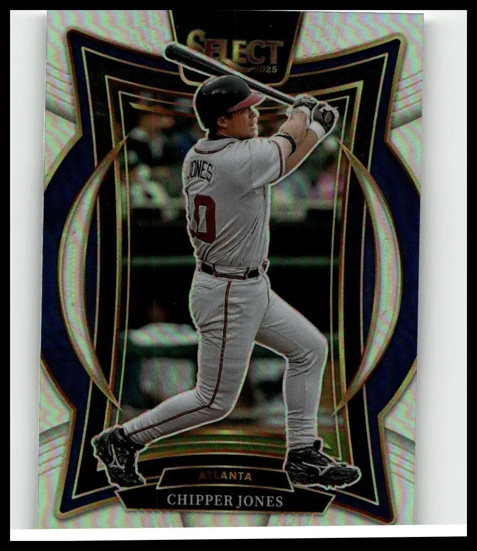 2025 panini select #15 chipper jones silver prizms baseball trading card with glossy iridescent border and black gold design
