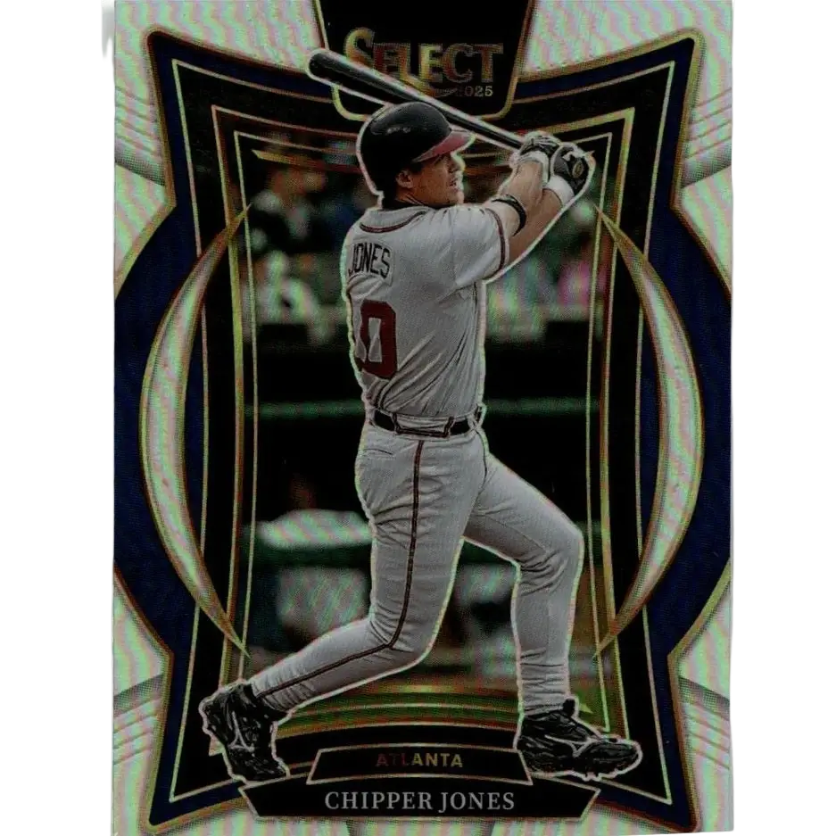 A shimmering black and gold-bordered 2025 panini select chipper jones silver prizms baseball trading card