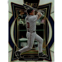 A shimmering black and gold-bordered 2025 panini select chipper jones silver prizms baseball trading card