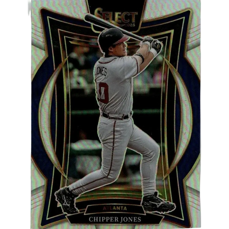 A shimmering black and gold-bordered 2025 panini select chipper jones silver prizms baseball trading card