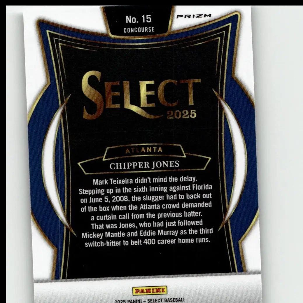 Black and blue 2025 panini select chipper jones silver baseball card with gold foil lettering from silver prizms series