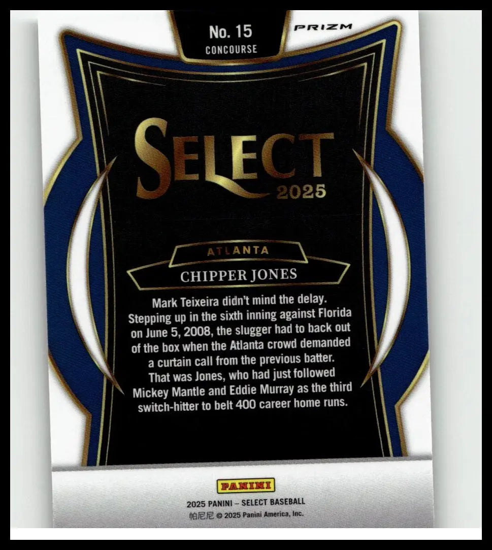 Black and blue 2025 panini select chipper jones silver prizms baseball card with gold foil lettering