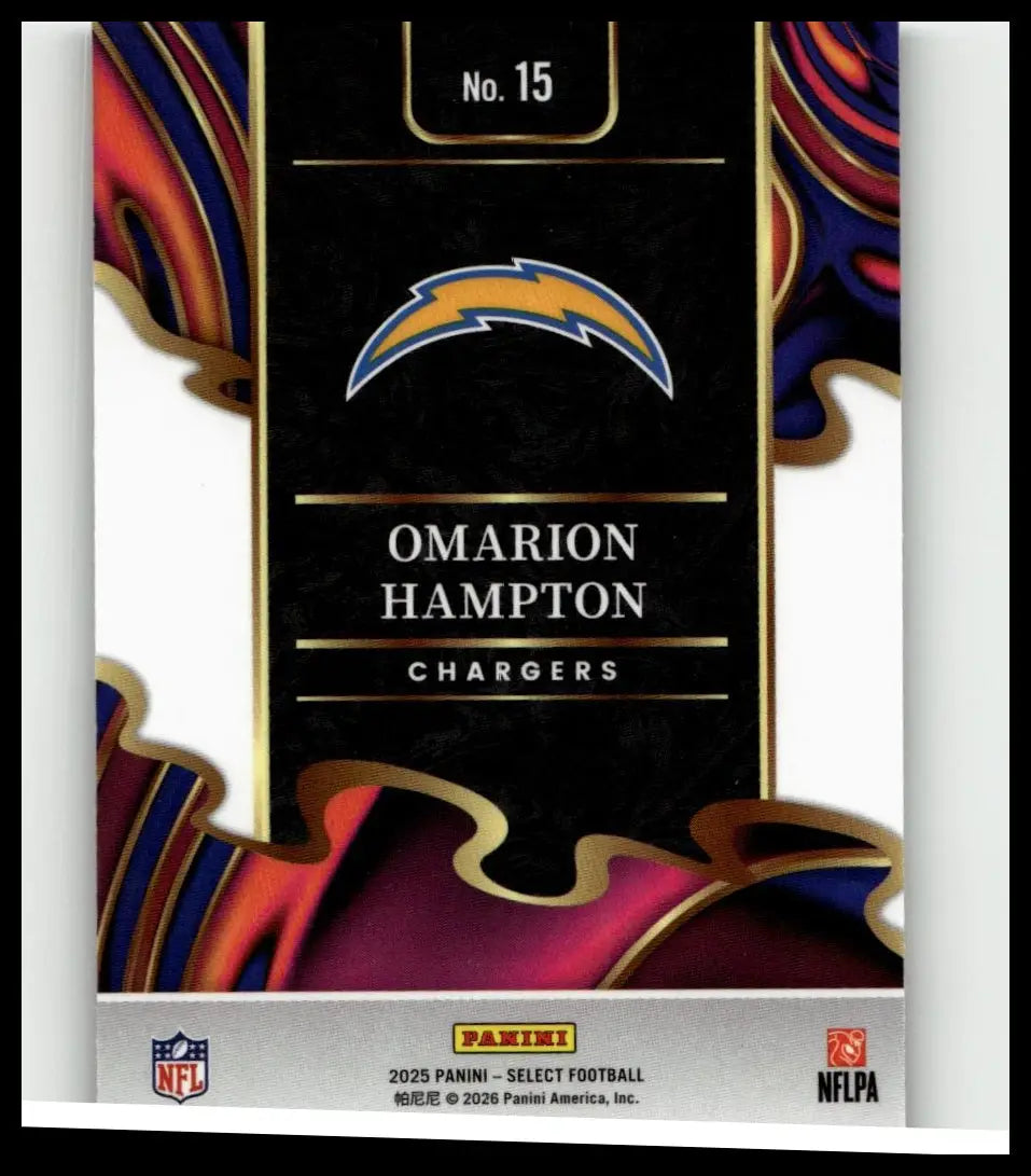 Black and gold panini select 2025 football card featuring omarion hampton phenomenon with vibrant abstract borders