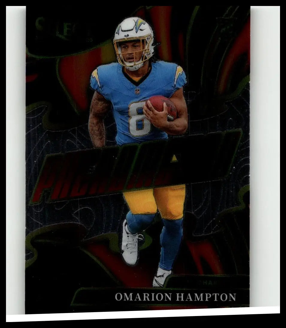 Blue and yellow chargers football jersey number 8 worn by omarion hampton in 2025 panini select omarion hampton phenomenon