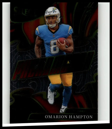 Blue and yellow chargers football jersey number 8 worn by omarion hampton in 2025 panini select omarion hampton phenomenon