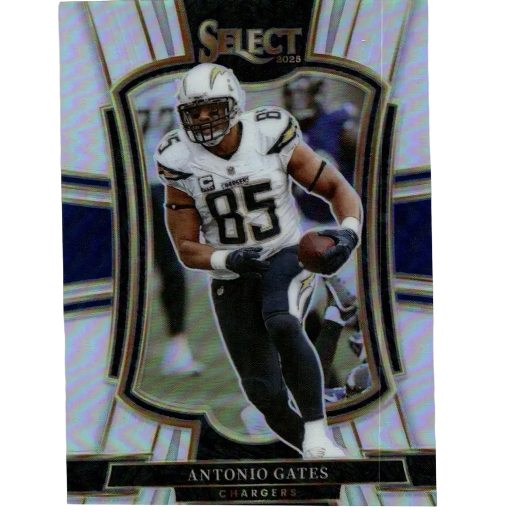 2025 panini select #150 antonio gates silver prizm football card featuring gates in white and black chargers uniform