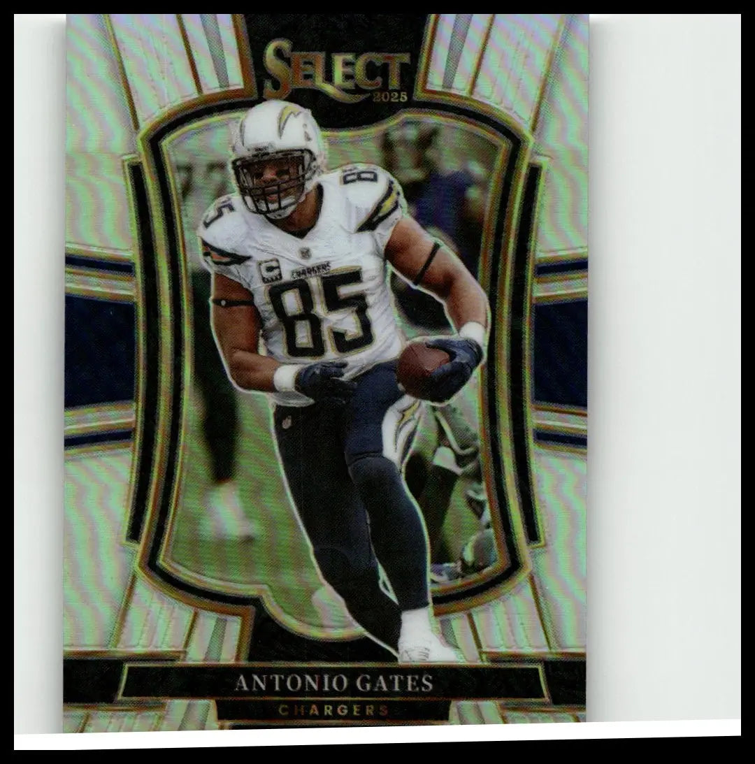 2025 Panini Select #150 antonio gates silver prizm football card with glossy holographic design and silver black accents