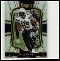 2025 Panini Select #150 antonio gates silver prizm football card with glossy holographic design and silver black accents