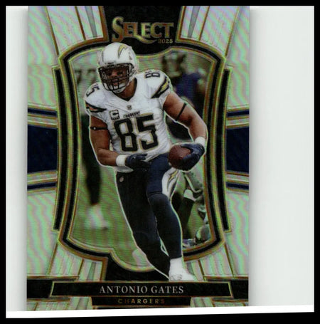 2025 Panini Select #150 antonio gates silver prizm football card with glossy holographic design and silver black accents