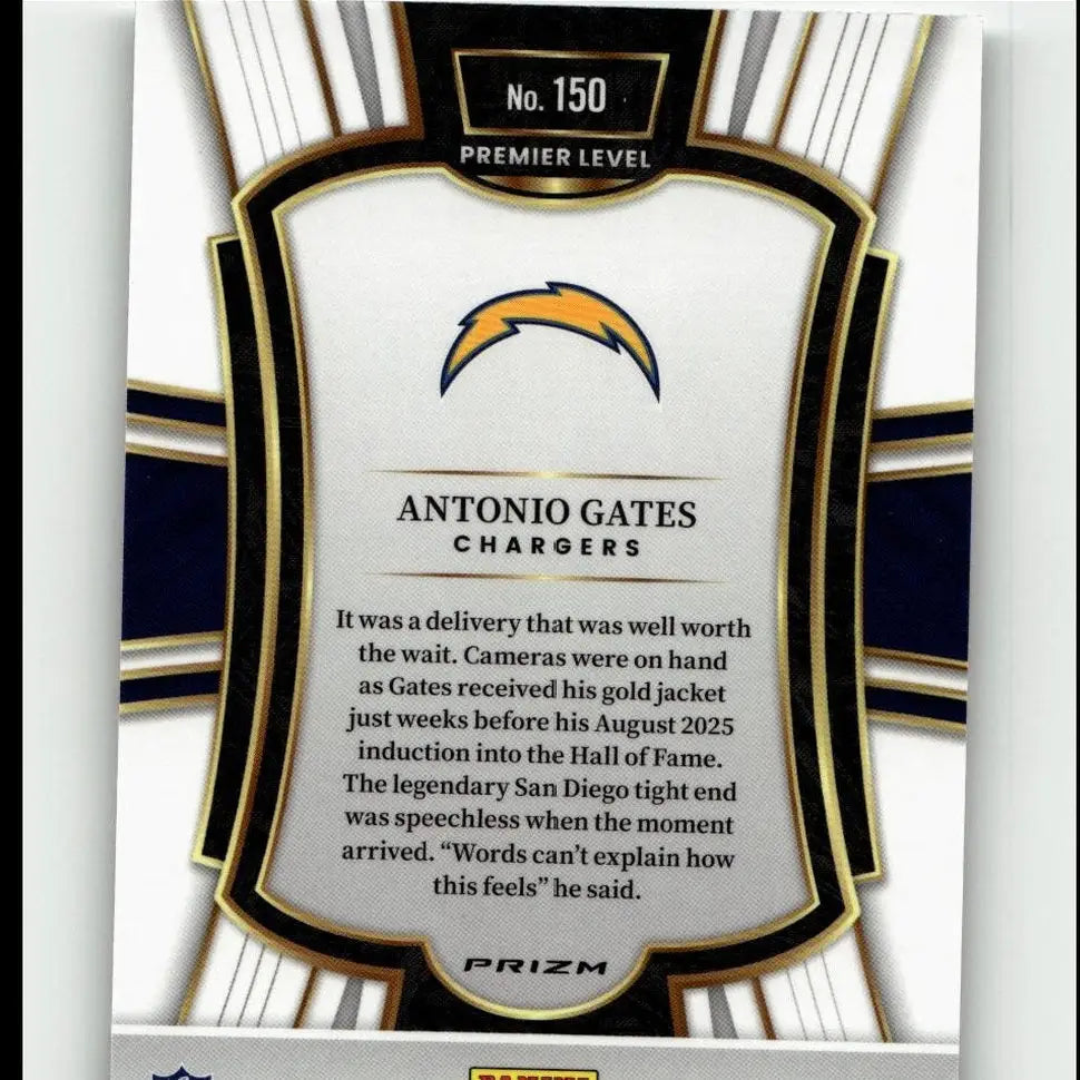 Gold and navy blue framed 2025 panini select #150 antonio gates silver prizm trading card for collectors