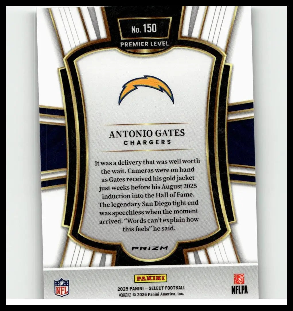 Back side of a white and gold-bordered 2025 panini select antonio gates silver prizm trading card with black text