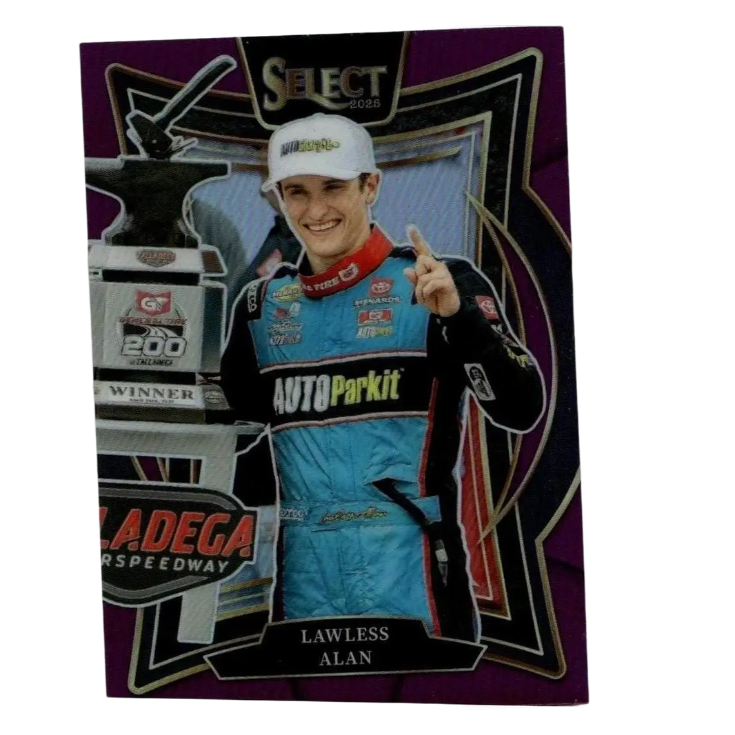 2025 panini select lawless alan purple prizms trading card featuring alan lawless in blue suit beside trophy at las vegas motor speedway
