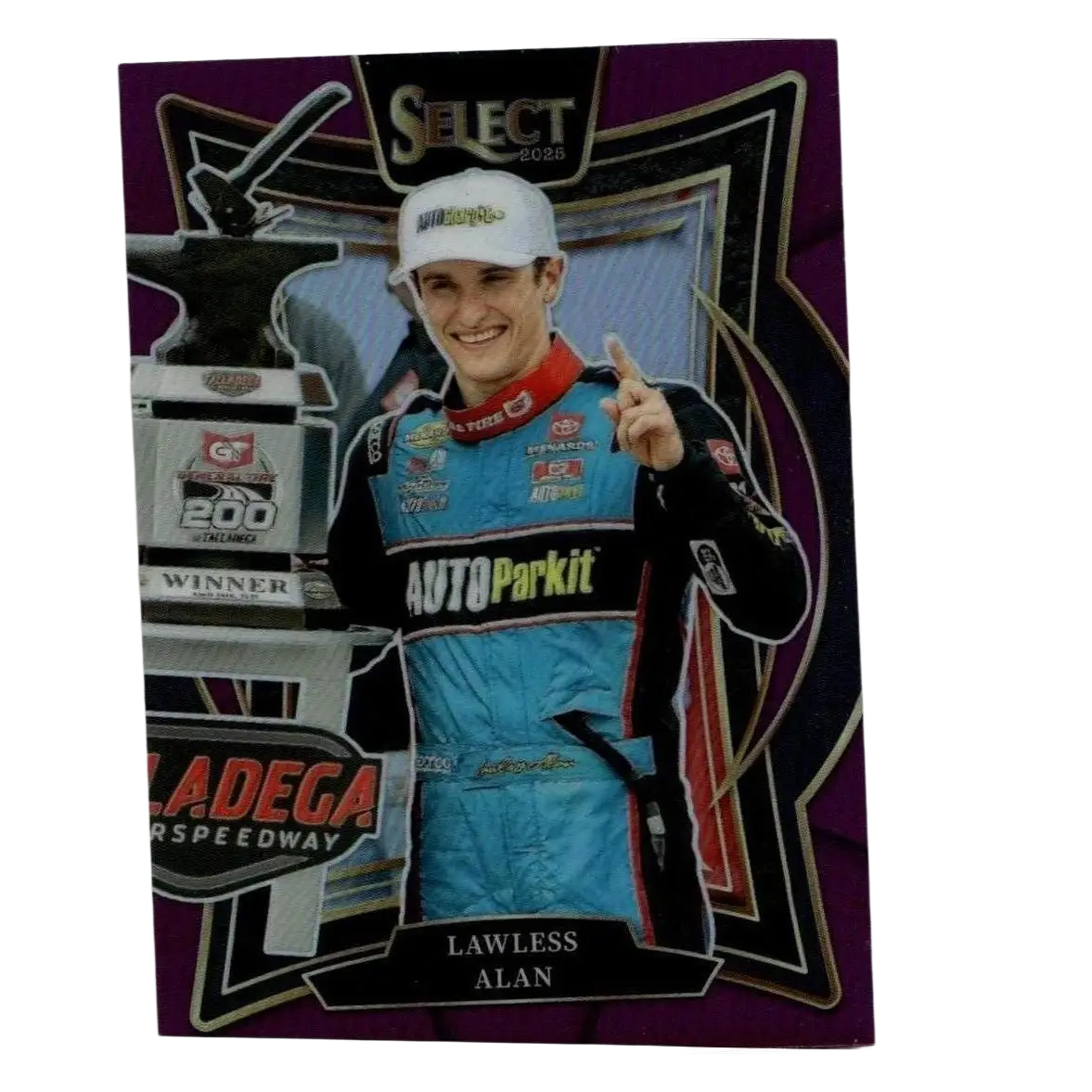2025 panini select lawless alan purple prizms trading card featuring alan lawless in blue suit beside trophy at las vegas motor speedway