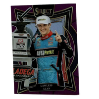 2025 panini select lawless alan purple prizms trading card featuring alan lawless in blue suit beside trophy at las vegas motor speedway