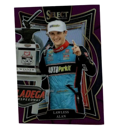 2025 panini select lawless alan purple prizms trading card featuring alan lawless in blue suit beside trophy at las vegas motor speedway