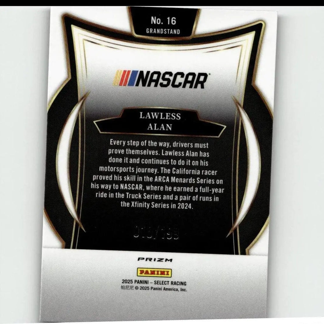 Black and silver nascar panini select trading card featuring lawless alan purple with glossy finish and gold trim