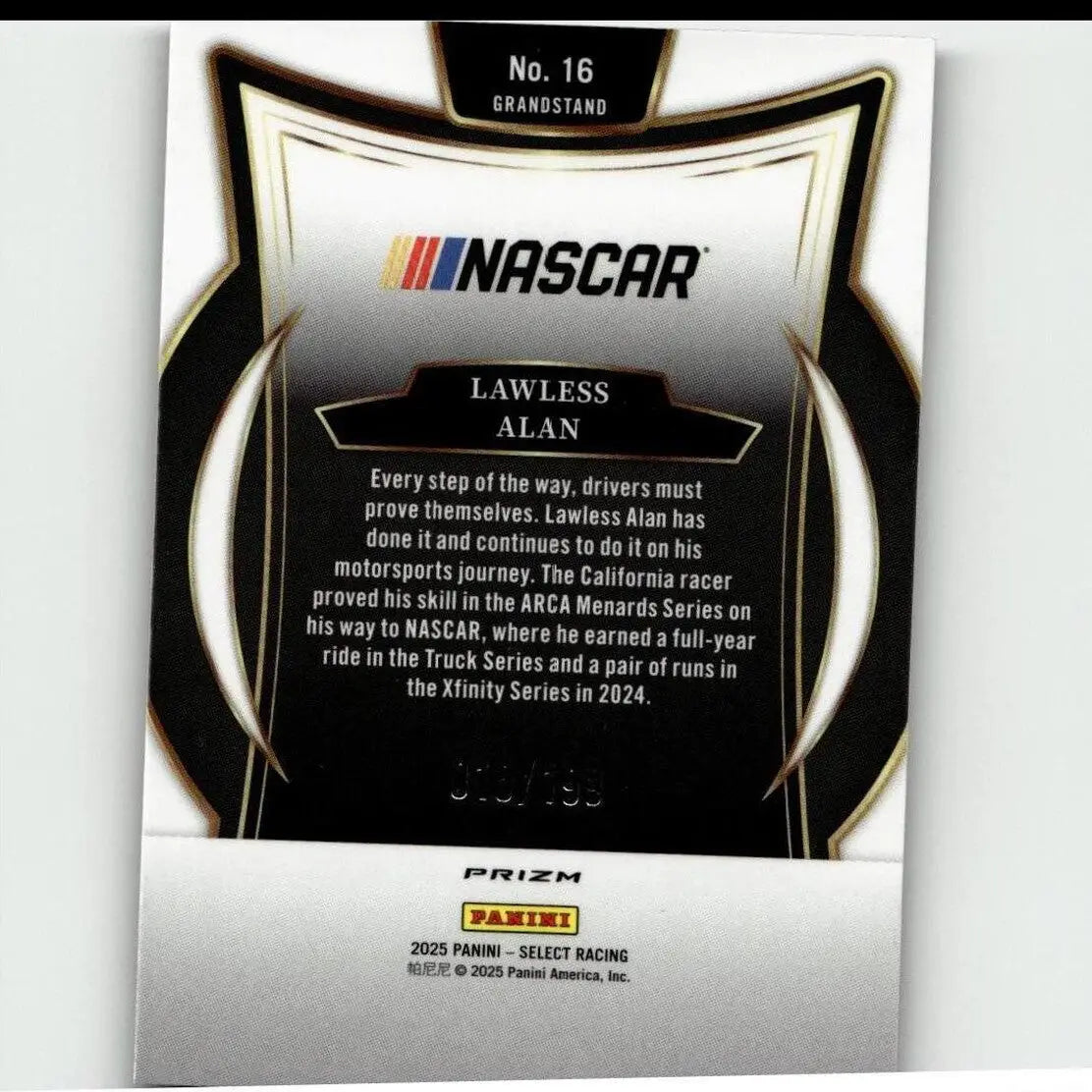 Black and silver nascar panini select trading card featuring lawless alan purple with glossy finish and gold trim