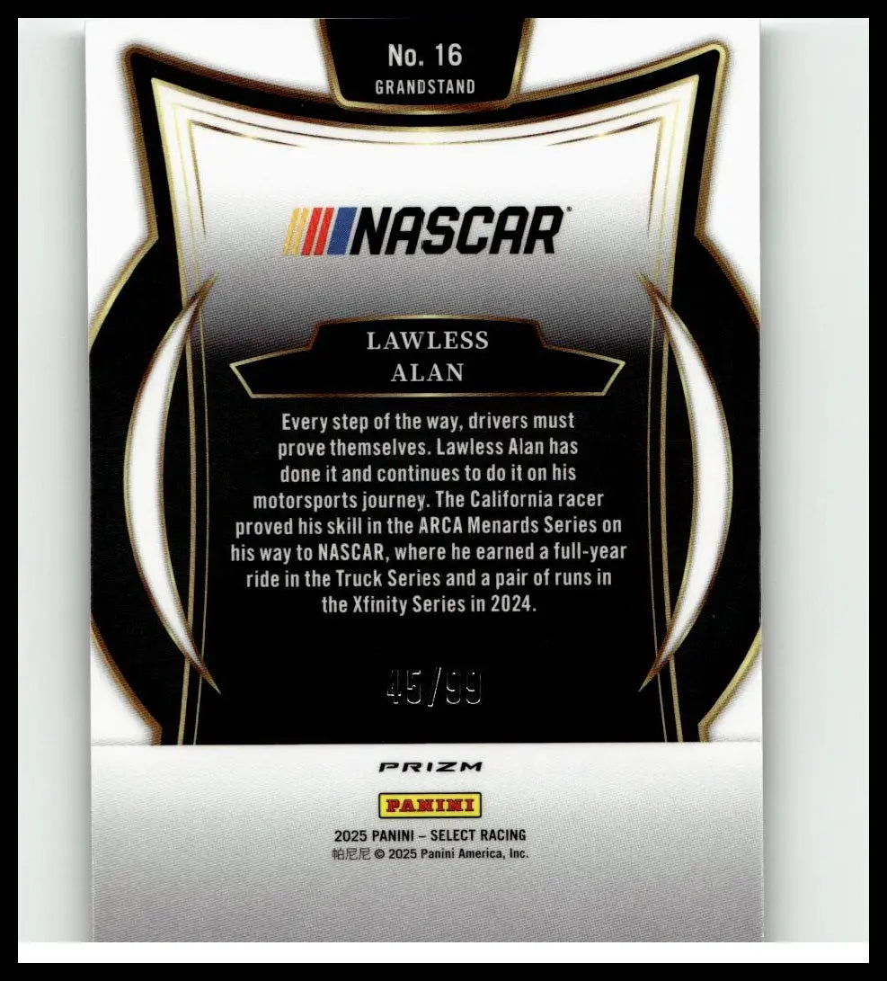 Black and silver nascar trading card featuring lawless alan white prizms with gold accents 2025 panini select #16