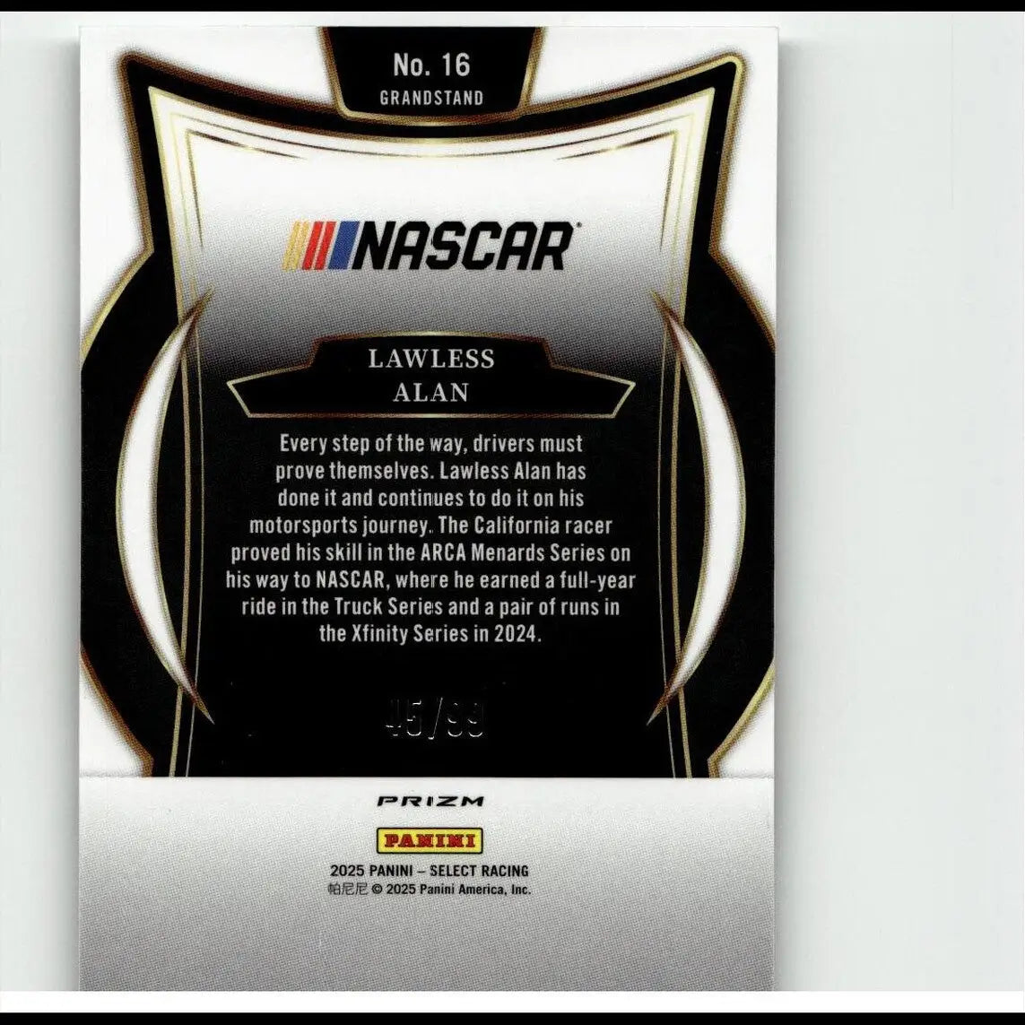 Black and silver 2025 panini select alan white prizms nascar trading card with gold trim featuring driver lawless alan white